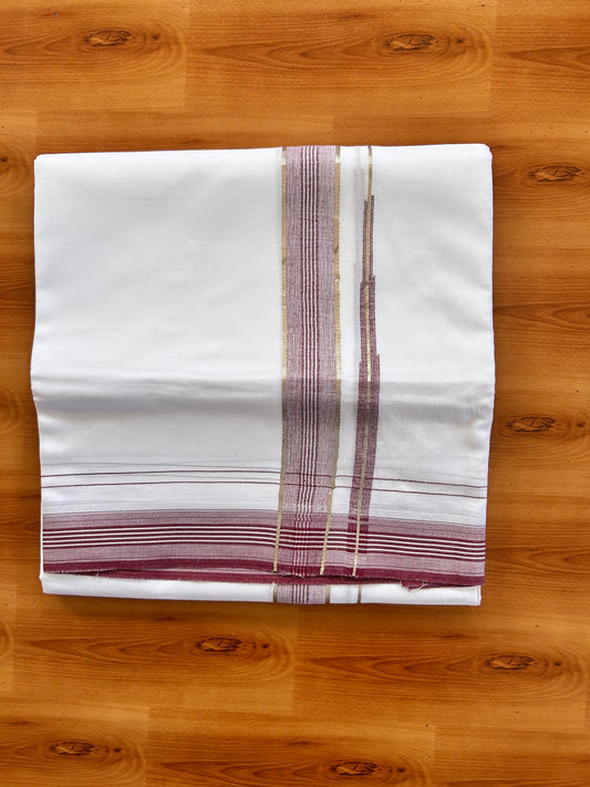Pure white Double Mundu/Dhoti - 20% Discount! KaithariKada 100% Cotton - 100X80 - 1.25 inch Silver Kasav Maroon Shaded Stripes Chutty Kara - 3.90 mtr (8.5 muzham) - 11 KK5448 VIN