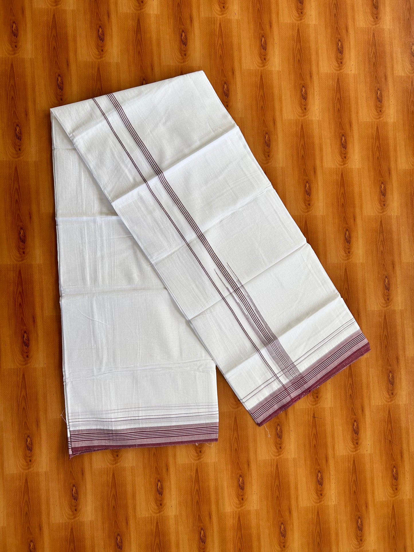 Pure white Double Mundu/Dhoti - 20% Discount! KaithariKada 100% Cotton - 100X80 - 1 inch Maroon Stripes Chutty Kara - 3.90 mtr (8.5 muzham) - 12 KK5448 VIN