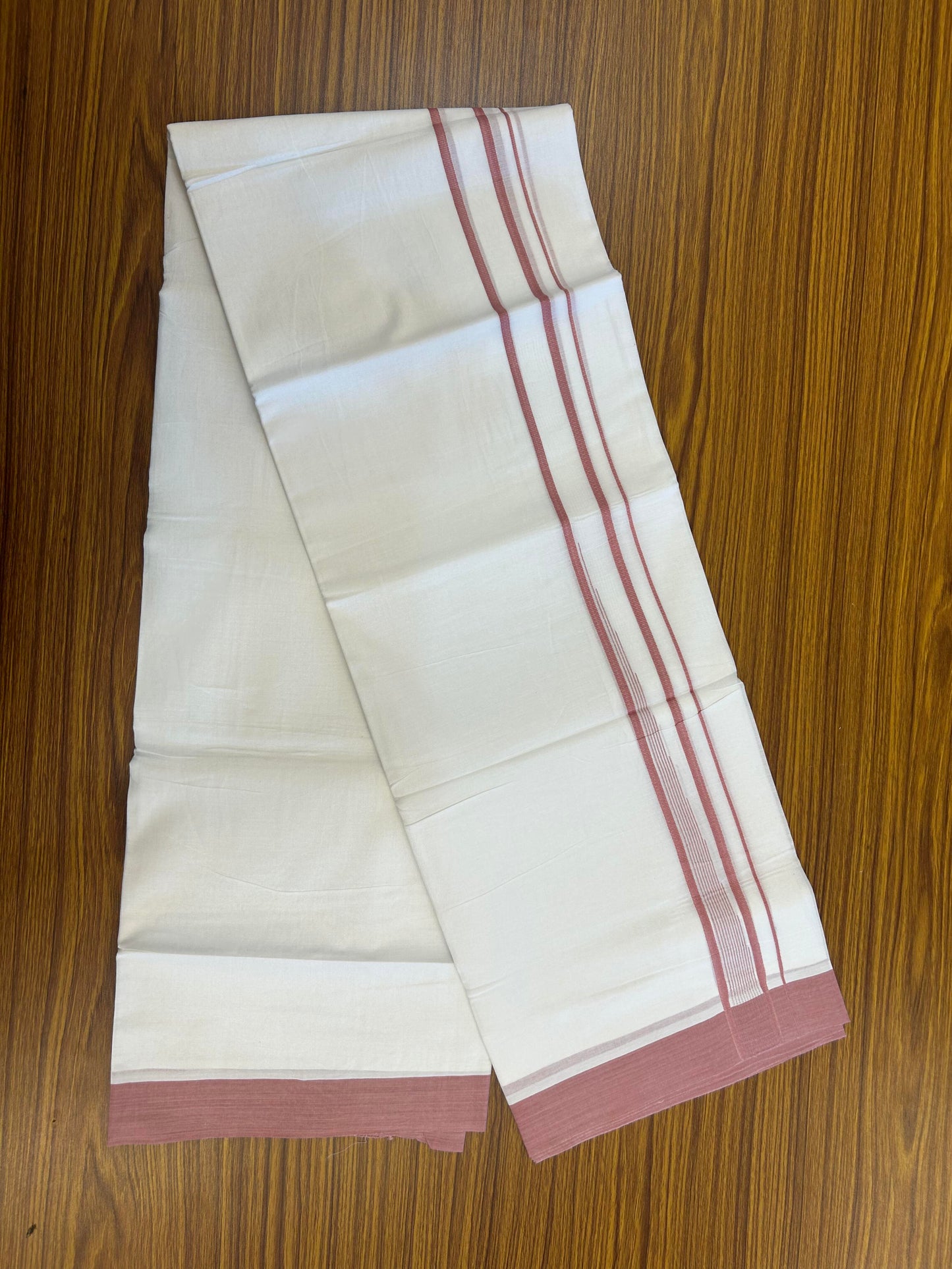 20% Discount ! Kaitharikada Balaramapuram 100% Pure Cotton Double Pure White Mundu/Dhoti - 100x80 - 1.25 inch Dusty Rose shaded striped chutty 3.90 mtr (8.5 muzham) - 108 KK5361 PMC