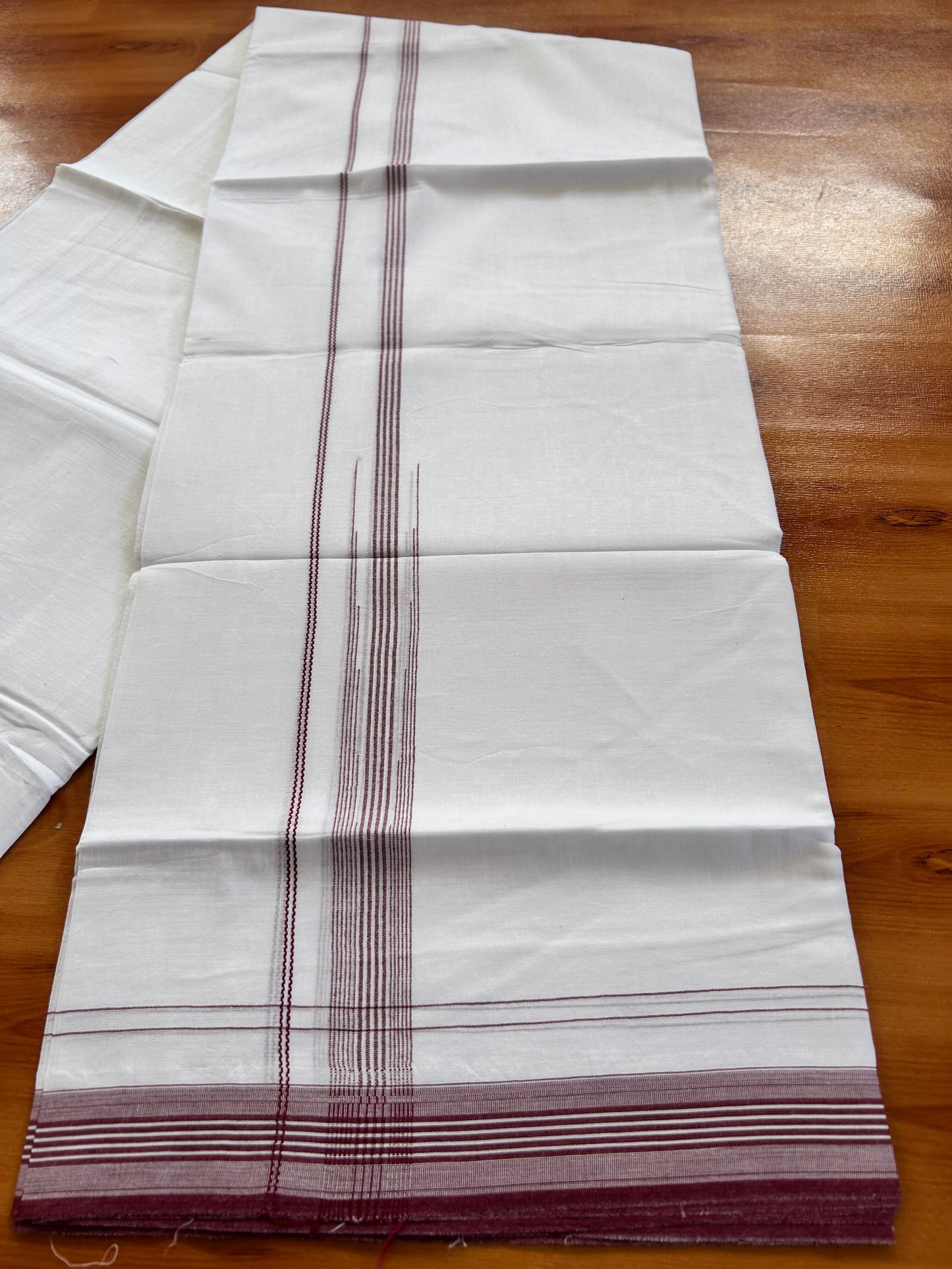 Pure white Double Mundu/Dhoti - 20% Discount! KaithariKada 100% Cotton - 100X80 - 1 inch Maroon Stripes Chutty Kara - 3.90 mtr (8.5 muzham) - 12 KK5448 VIN