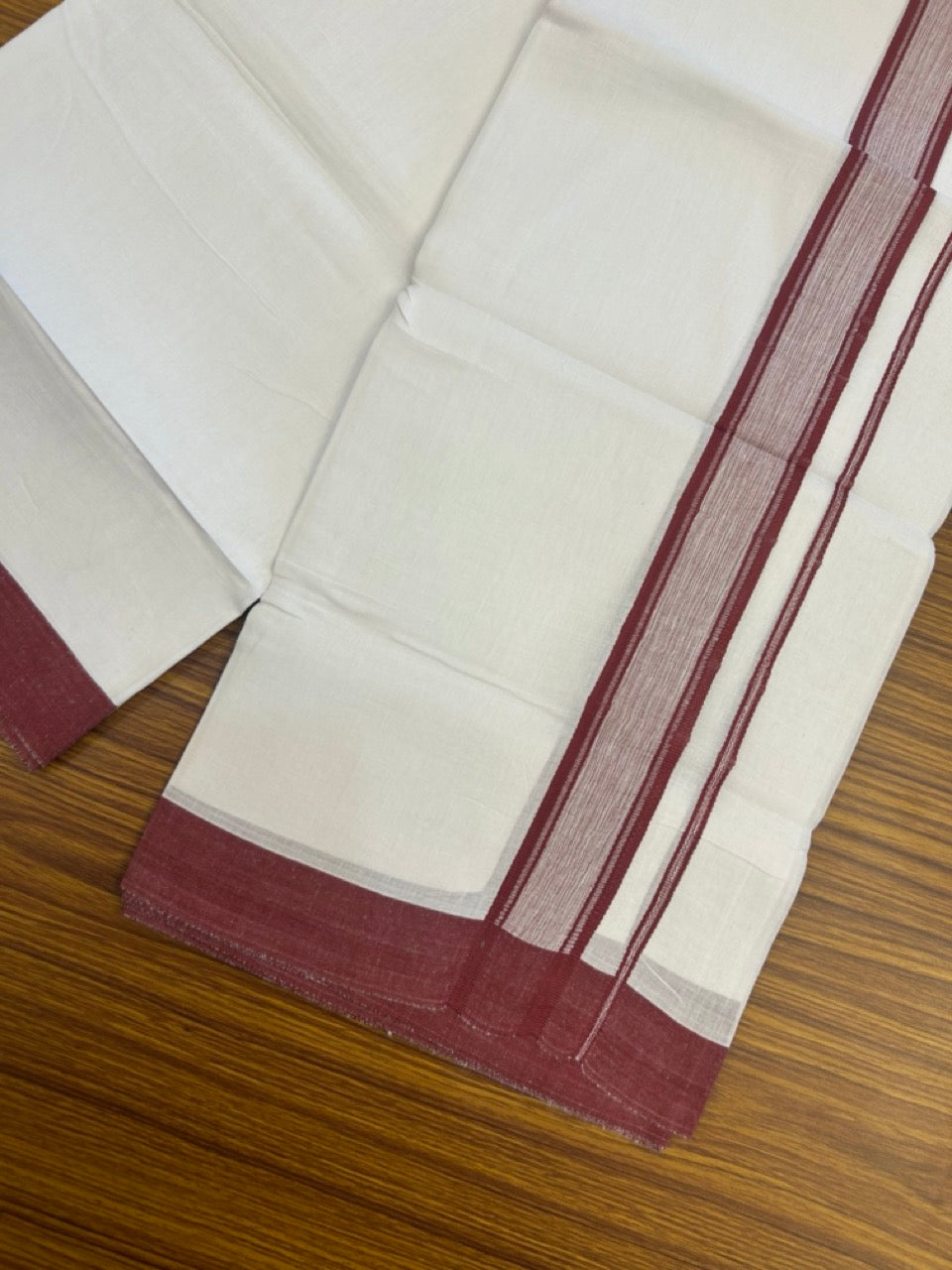Linen Dhoti New! 20% Discount from Kaitharikada.com - Double Mundu/Dhoti 80x90 Thread Pure White - Pure Cotton + Linen - 1.75 Inch Maroon Stripes Shaded Kara 4 mtr (8.5 muzham) - 19 KK5299 THI