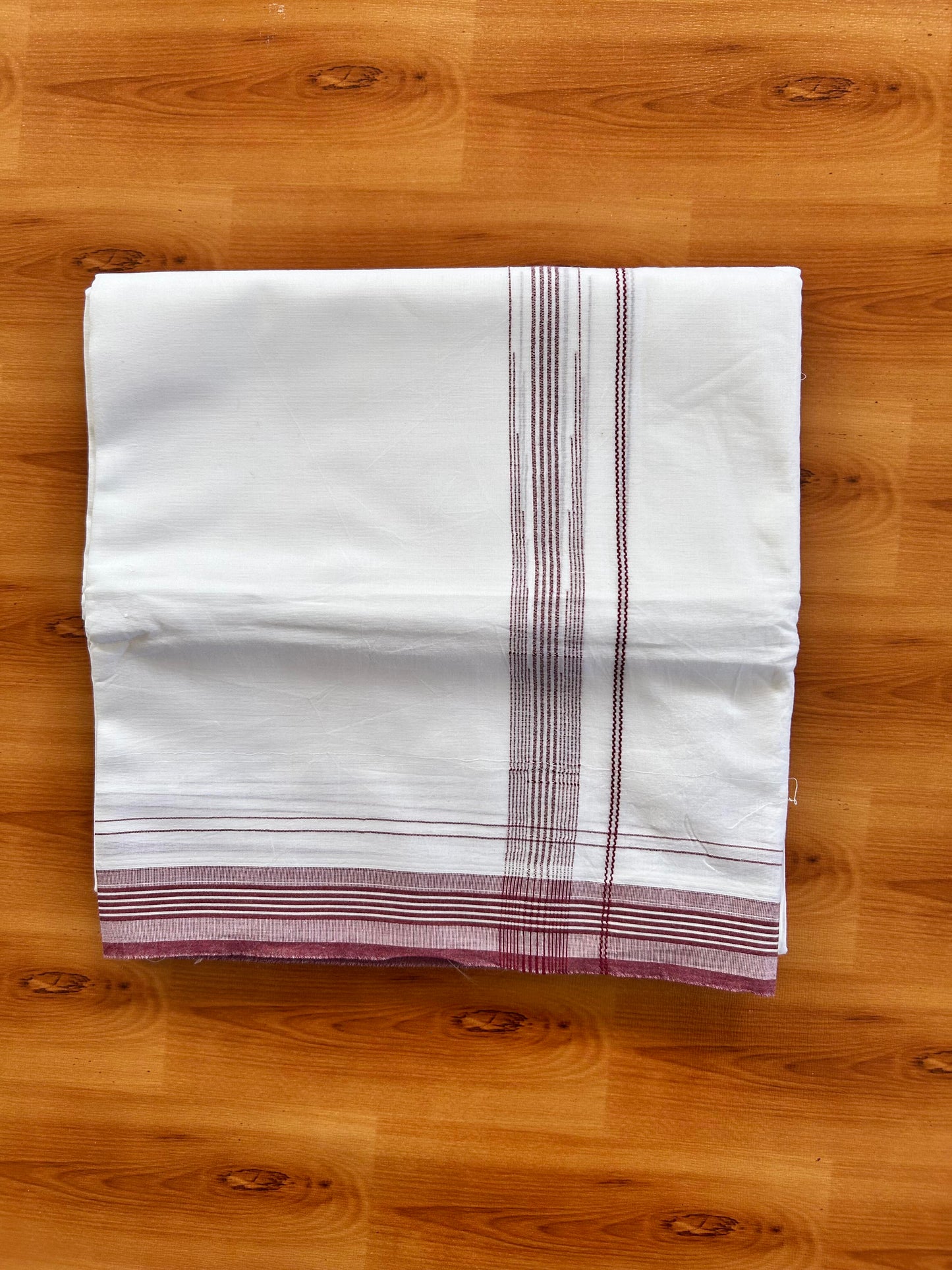 Pure white Double Mundu/Dhoti - 20% Discount! KaithariKada 100% Cotton - 100X80 - 1 inch Maroon Stripes Chutty Kara - 3.90 mtr (8.5 muzham) - 12 KK5448 VIN