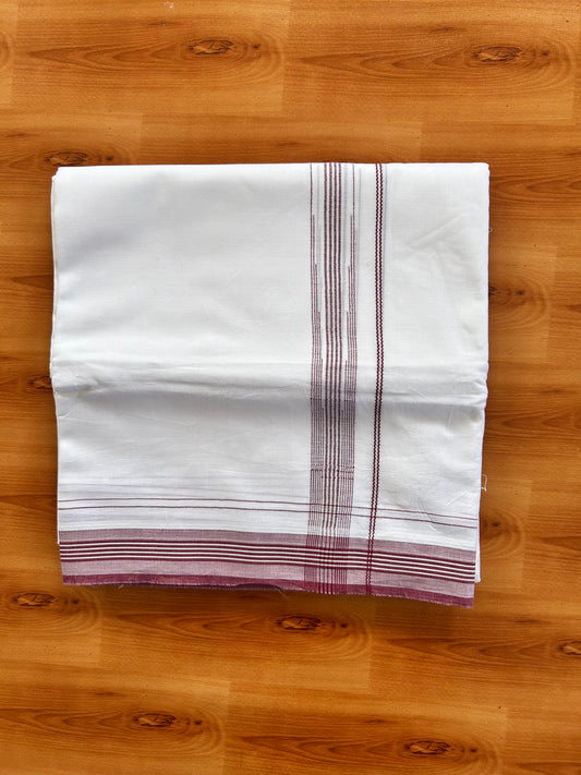 Pure white Double Mundu/Dhoti - 20% Discount! KaithariKada 100% Cotton - 100X80 - 1 inch Maroon Stripes Chutty Kara - 3.90 mtr (8.5 muzham) - 12 KK5448 VIN