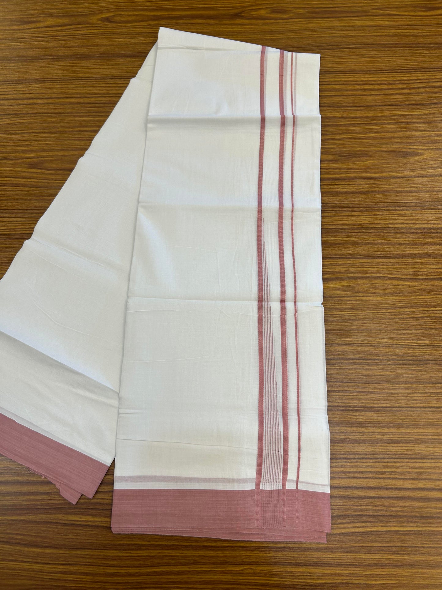 20% Discount ! Kaitharikada Balaramapuram 100% Pure Cotton Double Pure White Mundu/Dhoti - 100x80 - 1.25 inch Dusty Rose shaded striped chutty 3.90 mtr (8.5 muzham) - 108 KK5361 PMC