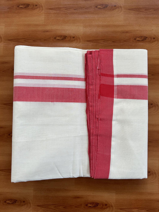 Double Off White (Unbleached) Mundu/Dhoti- 25% Discount! KaithariKada Handloom Millpaav - Kerala Handloom - Cotton - 80x90 - 1 inch Red Mulloth Kara 4 meter (8.5 Muzham) - 7 KK5396 RAM