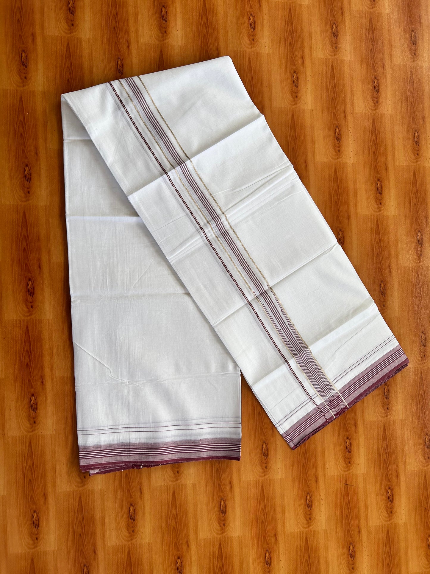 Pure white Double Mundu/Dhoti - 20% Discount! KaithariKada 100% Cotton - 100X80 - 1 inch Silver Kasav Maroon Stripes Chutty Kara - 3.90 mtr (8.5 muzham) - 13 KK5448 VIN