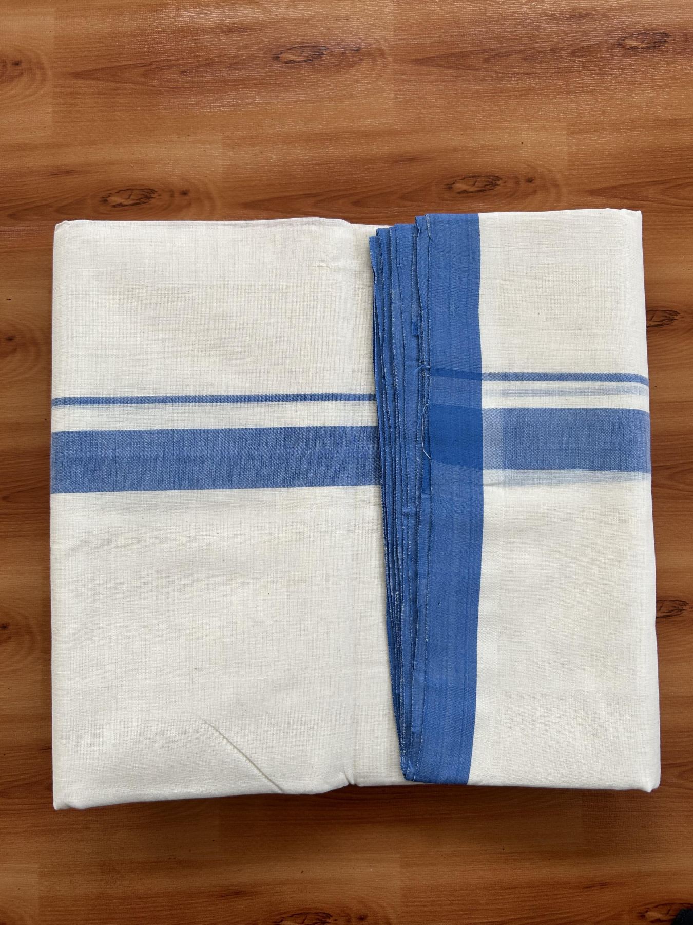Double Off White (Unbleached) Mundu/Dhoti- 25% Discount! KaithariKada Handloom Millpaav - Kerala Handloom - Cotton - 80x90 - 1.25 inch Blue Mulloth Kara 4 meter (8.5 Muzham) - 11 KK5396 RAM