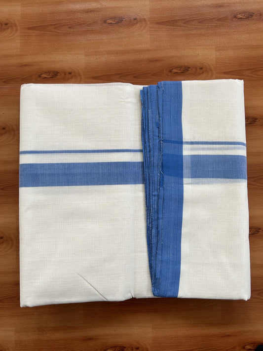 Double Off White (Unbleached) Mundu/Dhoti- 25% Discount! KaithariKada Handloom Millpaav - Kerala Handloom - Cotton - 80x90 - 1.25 inch Blue Mulloth Kara 4 meter (8.5 Muzham) - 11 KK5396 RAM