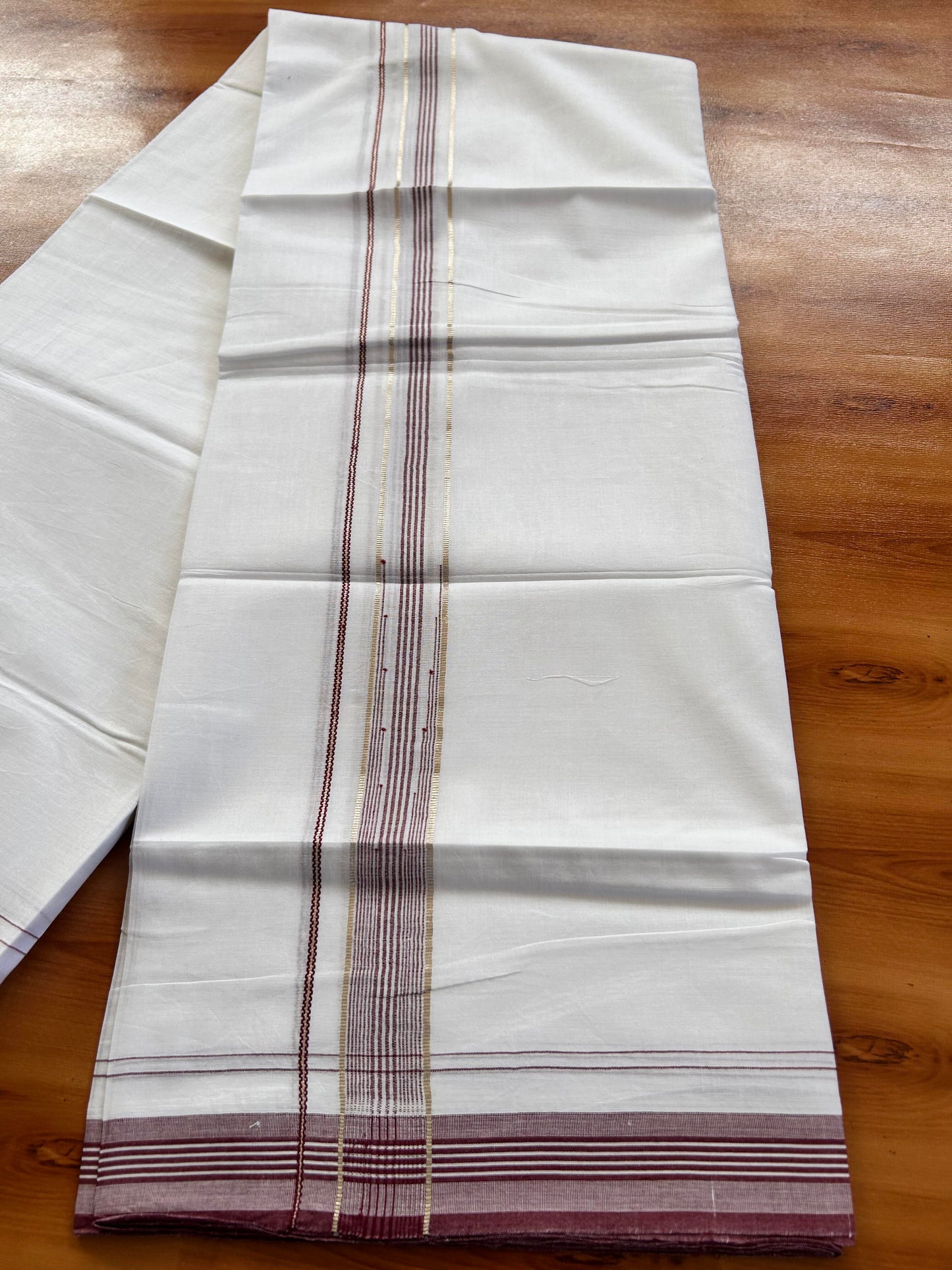 Pure white Double Mundu/Dhoti - 20% Discount! KaithariKada 100% Cotton - 100X80 - 1 inch Silver Kasav Maroon Stripes Chutty Kara - 3.90 mtr (8.5 muzham) - 13 KK5448 VIN