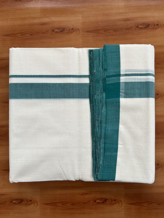 Double Off White (Unbleached) Mundu/Dhoti- 25% Discount! KaithariKada Handloom Millpaav - Kerala Handloom - Cotton - 80x90 - 1.25 inch Green Mulloth Kara 4 meter (8.5 Muzham) - 10 KK5396 RAM