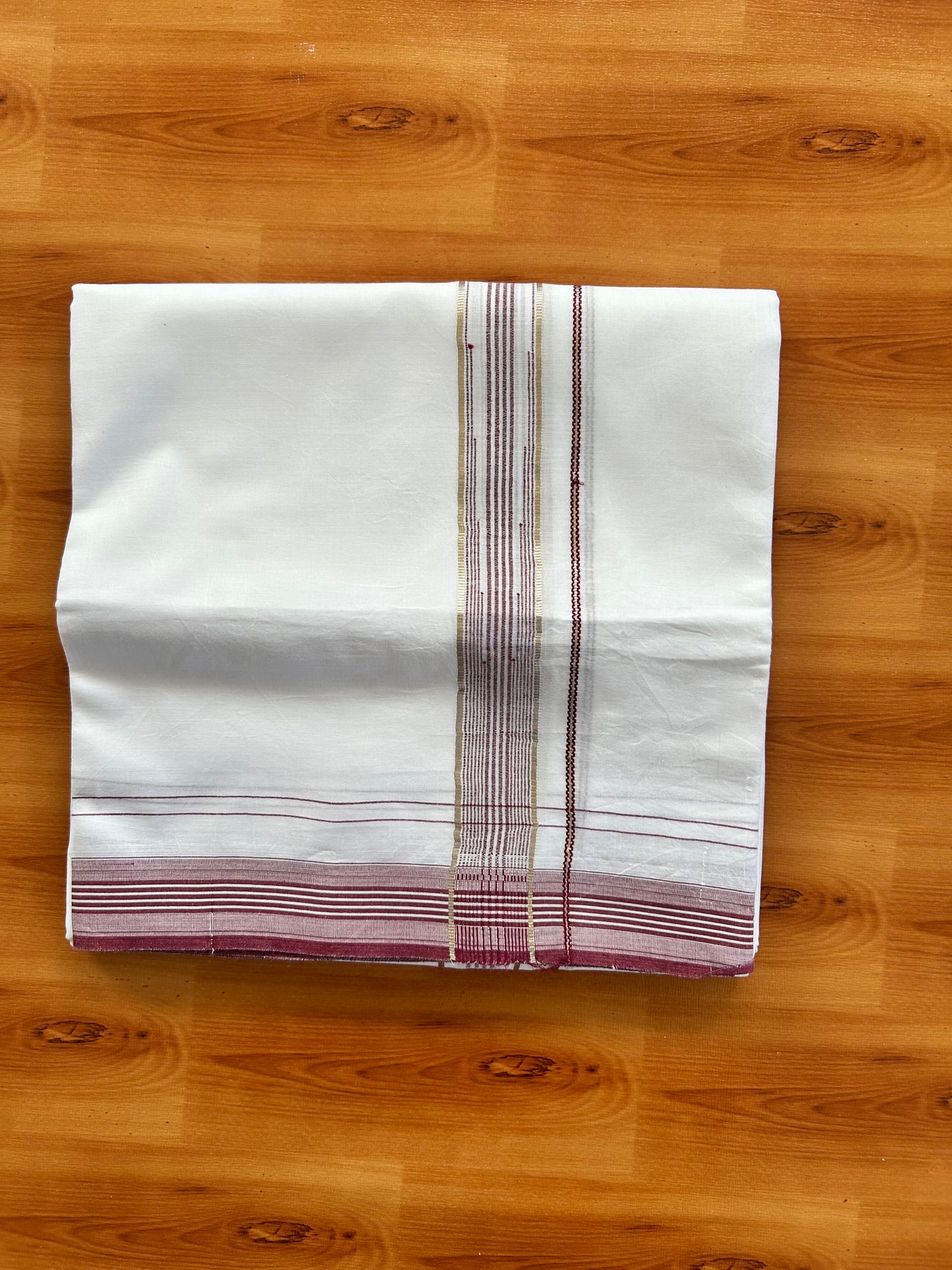 Pure white Double Mundu/Dhoti - 20% Discount! KaithariKada 100% Cotton - 100X80 - 1 inch Silver Kasav Maroon Stripes Chutty Kara - 3.90 mtr (8.5 muzham) - 13 KK5448 VIN