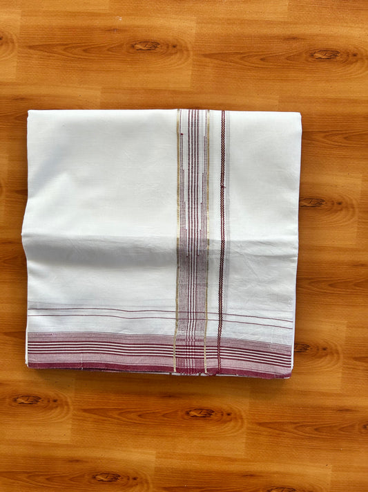 Pure white Double Mundu/Dhoti - 20% Discount! KaithariKada 100% Cotton - 100X80 - 1 inch Silver Kasav Maroon Stripes Chutty Kara - 3.90 mtr (8.5 muzham) - 13 KK5448 VIN