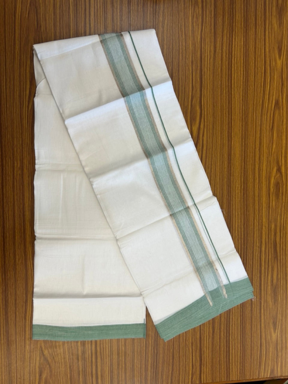 Linen Dhoti New! 20% Discount from Kaitharikada.com - Double Mundu/Dhoti 80x90 Thread Pure White - Pure Cotton + Linen - 1.75 Inch Light Green & Silver Kasav Striped Kara 4 mtr (8.5 muzham) - 13 KK5299 THI