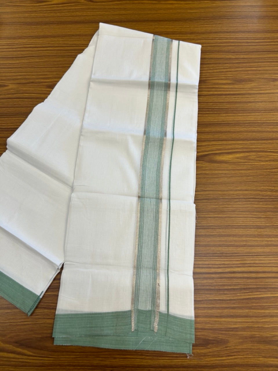 Linen Dhoti New! 20% Discount from Kaitharikada.com - Double Mundu/Dhoti 80x90 Thread Pure White - Pure Cotton + Linen - 1.75 Inch Light Green & Silver Kasav Striped Kara 4 mtr (8.5 muzham) - 13 KK5299 THI