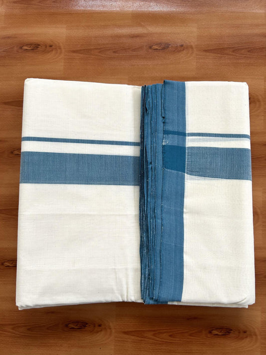Double Off White (Unbleached) Mundu/Dhoti- 25% Discount! KaithariKada Handloom Millpaav - Kerala Handloom - Cotton - 80x90 - 1.25 inch Peacock Blue Mulloth Kara 4 meter (8.5 Muzham) - 9 KK5396 RAM