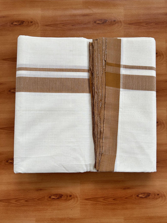 Double Off White (Unbleached) Mundu/Dhoti- 25% Discount! KaithariKada Handloom Millpaav - Kerala Handloom - Cotton - 80x90 - 1 inch Light Brown Mulloth Kara 4 meter (8.5 Muzham) - 8 KK5396 RAM