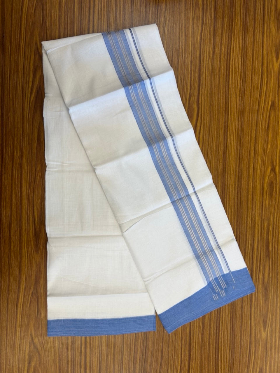 Linen Dhoti New! 20% Discount from Kaitharikada.com - Double Mundu/Dhoti 80x90 Thread Pure White - Pure Cotton + Linen - 1.75 Inch Blue & Silver Kasav Striped Kara 4 mtr (8.5 muzham) - 14 KK5299 THI