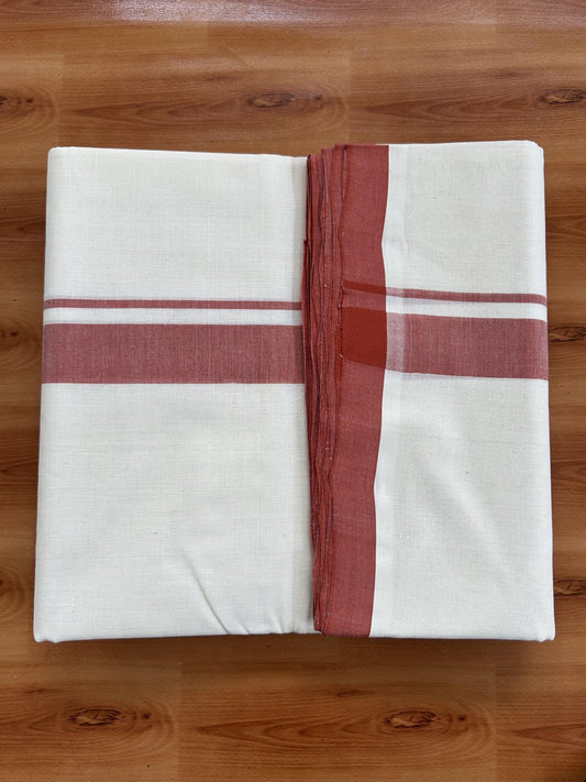 Double Off White (Unbleached) Mundu/Dhoti- 25% Discount! KaithariKada Handloom Millpaav - Kerala Handloom - Cotton - 80x90 - 1.25 inch Reddish Orange Mulloth Kara 4 meter (8.5 Muzham) - 3 KK5396 RAM