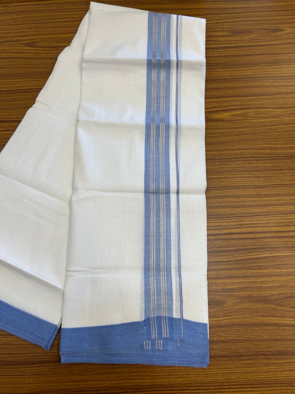 Linen Dhoti New! 20% Discount from Kaitharikada.com - Double Mundu/Dhoti 80x90 Thread Pure White - Pure Cotton + Linen - 1.75 Inch Blue & Silver Kasav Striped Kara 4 mtr (8.5 muzham) - 14 KK5299 THI
