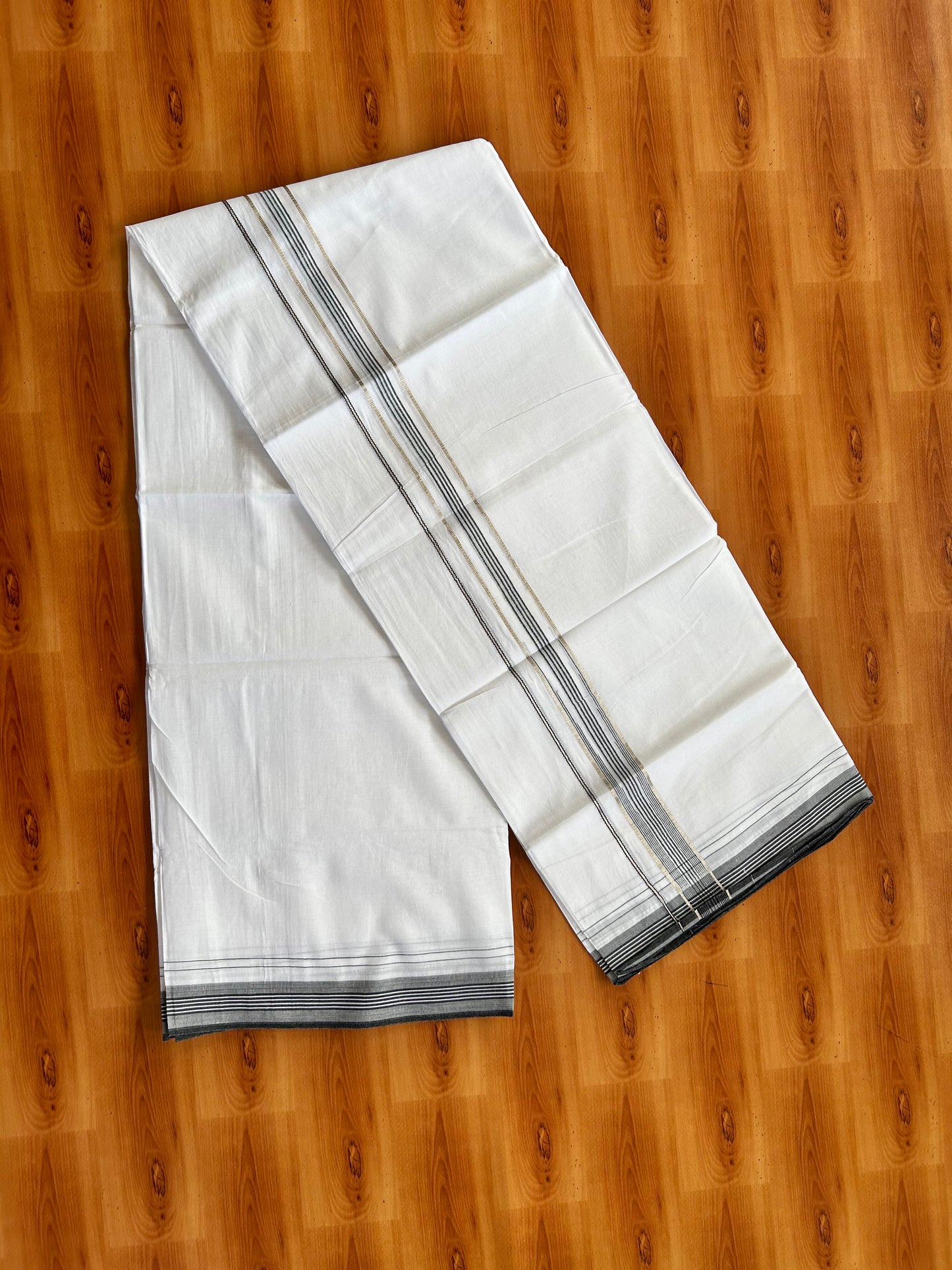 Pure white Double Mundu/Dhoti - 20% Discount! KaithariKada 100% Cotton - 100X80 - 1 inch Silver Kasav Ash Black Stripes Chutty Kara - 3.90 mtr (8.5 muzham) - 14 KK5448 VIN