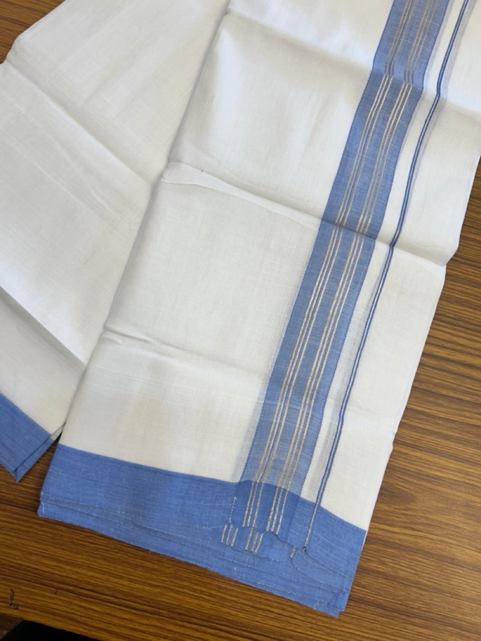 Linen Dhoti New! 20% Discount from Kaitharikada.com - Double Mundu/Dhoti 80x90 Thread Pure White - Pure Cotton + Linen - 1.75 Inch Blue & Silver Kasav Striped Kara 4 mtr (8.5 muzham) - 14 KK5299 THI