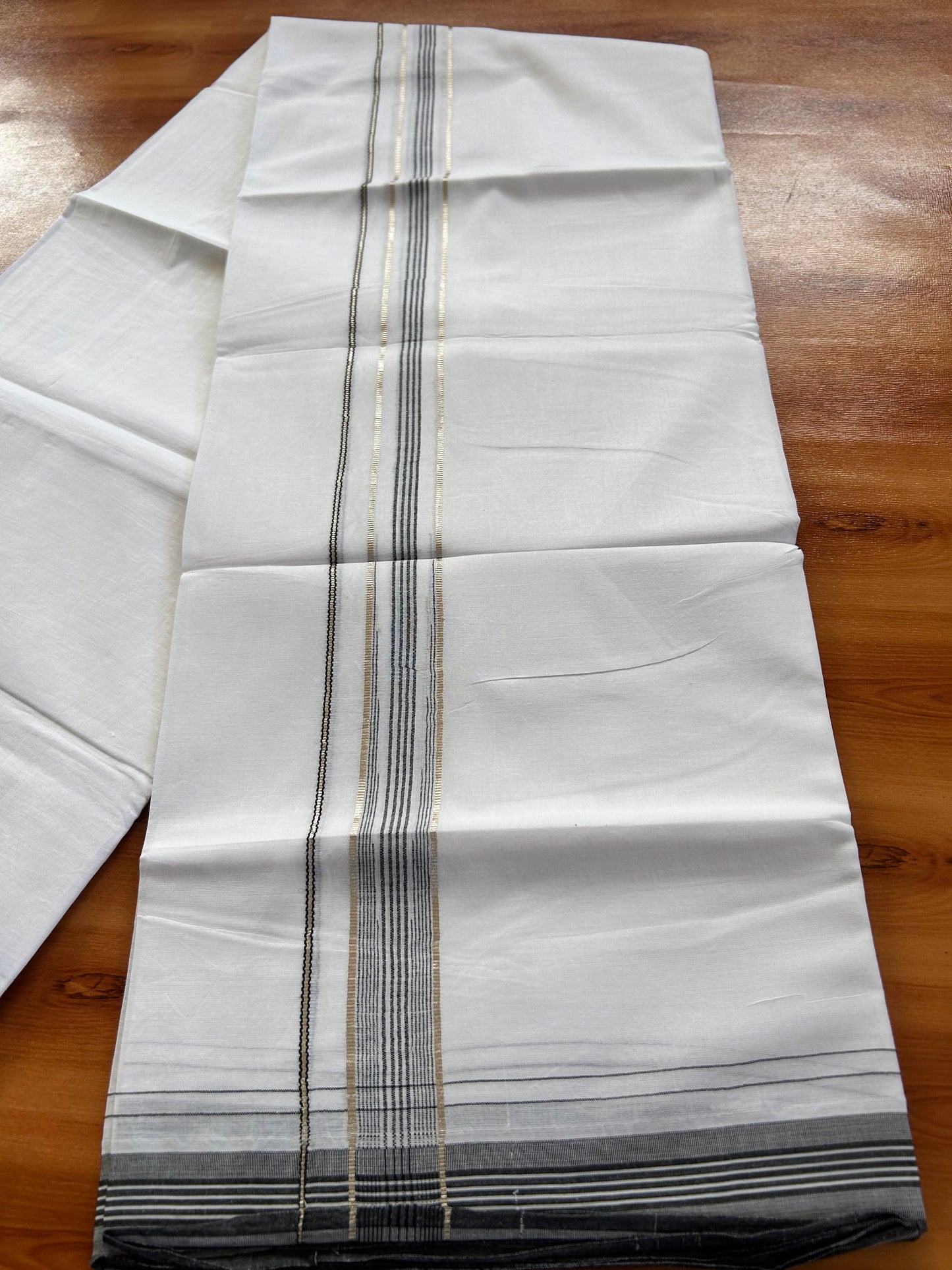 Pure white Double Mundu/Dhoti - 20% Discount! KaithariKada 100% Cotton - 100X80 - 1 inch Silver Kasav Ash Black Stripes Chutty Kara - 3.90 mtr (8.5 muzham) - 14 KK5448 VIN