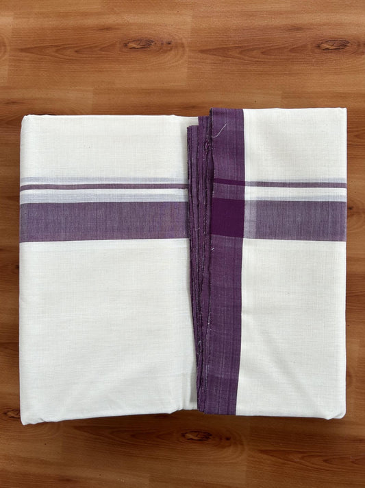 Double Off White (Unbleached) Mundu/Dhoti- 25% Discount! KaithariKada Handloom Millpaav - Kerala Handloom - Cotton - 80x90 - 1.25 inch Wine Purple Mulloth Kara 4 meter (8.5 Muzham) - 5 KK5396 RAM