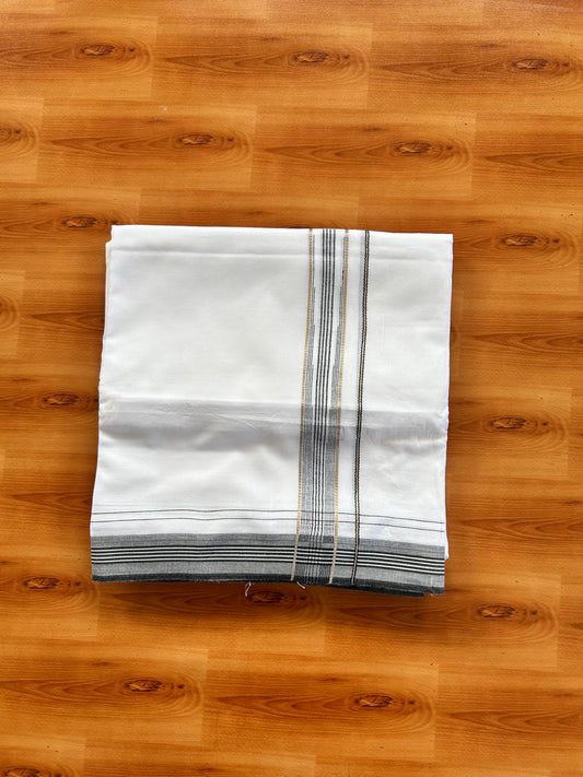 Pure white Double Mundu/Dhoti - 20% Discount! KaithariKada 100% Cotton - 100X80 - 1 inch Silver Kasav Ash Black Stripes Chutty Kara - 3.90 mtr (8.5 muzham) - 14 KK5448 VIN