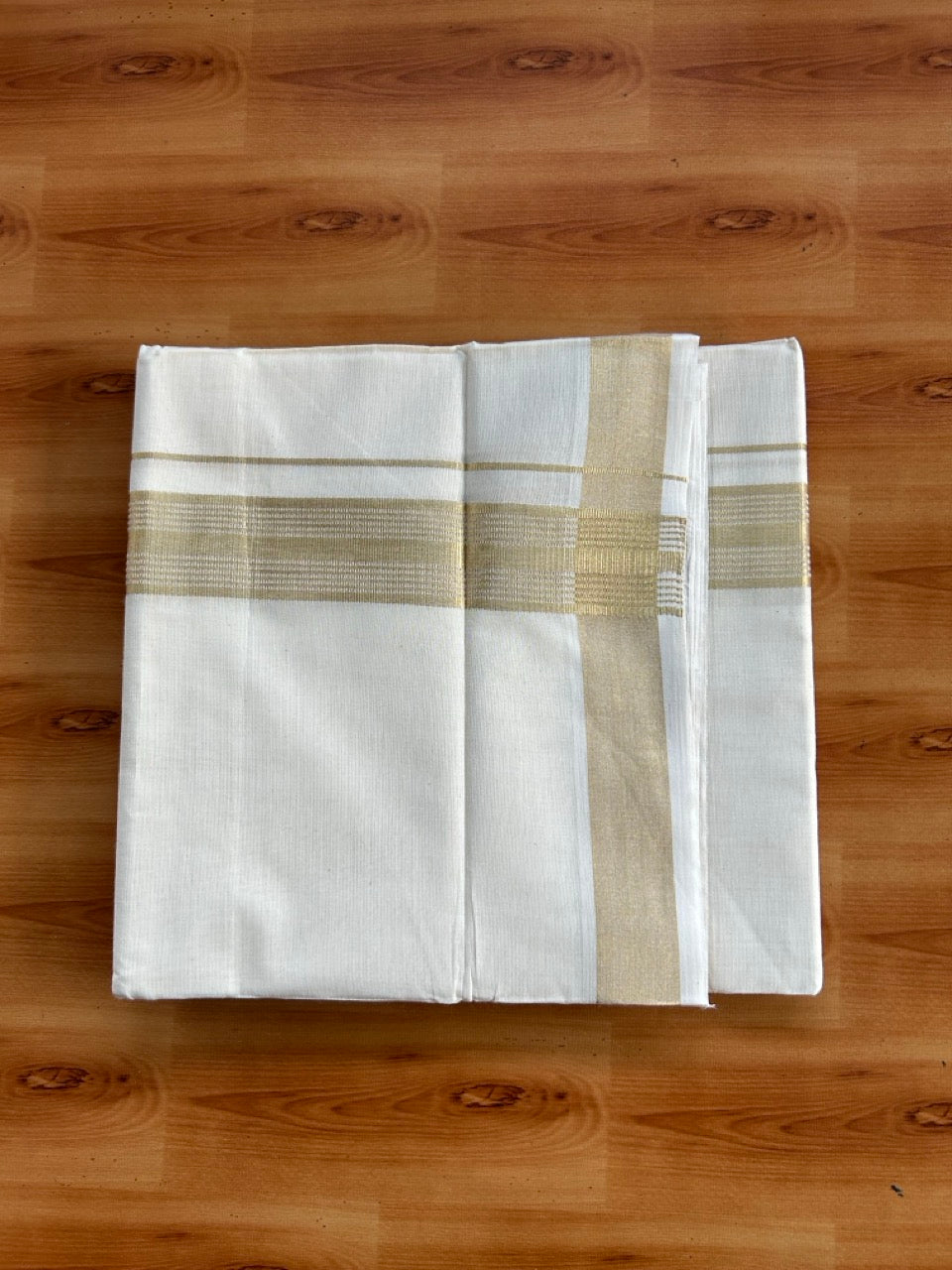 Double Off White (Unbleached) Mundu/Dothi- 25% Discount! Kaitharikada Pure Cotton - 100x80 - 1.7 inch Antique Gold Kasav Striped Kara 4 mtr (8.5 muzham) -  1 KK5555 THI