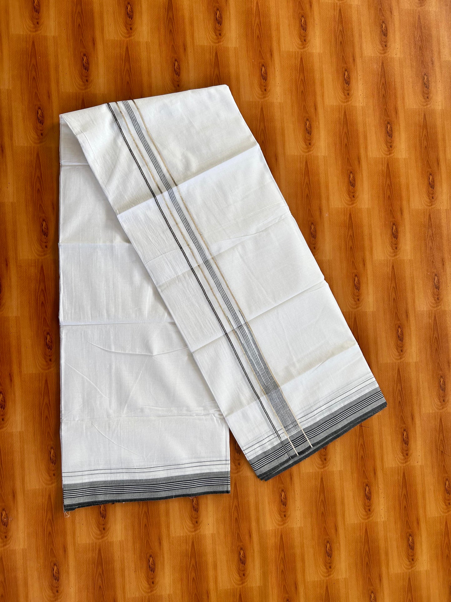 Pure white Double Mundu/Dhoti - 20% Discount! KaithariKada 100% Cotton - 100X80 - 1 inch Silver Kasav Ash Black Stripes Chutty Kara - 3.90 mtr (8.5 muzham) - 15 KK5448 VIN