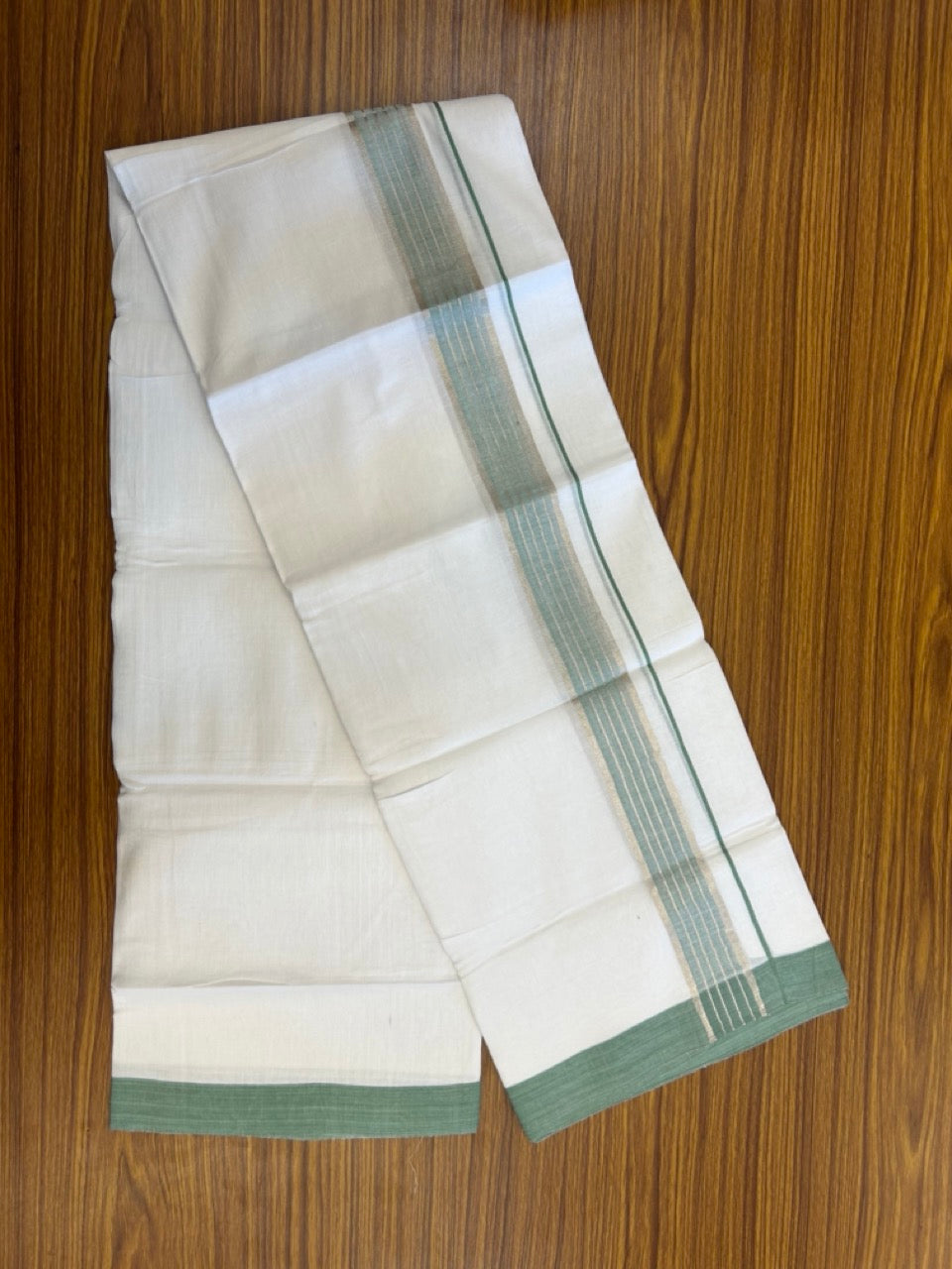 Linen Dhoti New! 20% Discount from Kaitharikada.com - Double Mundu/Dhoti 80x90 Thread Pure White - Pure Cotton + Linen - 1.75 Inch Light Green & Silver kasav Striped Kara 4 mtr (8.5 muzham) - 7 KK5299 THI