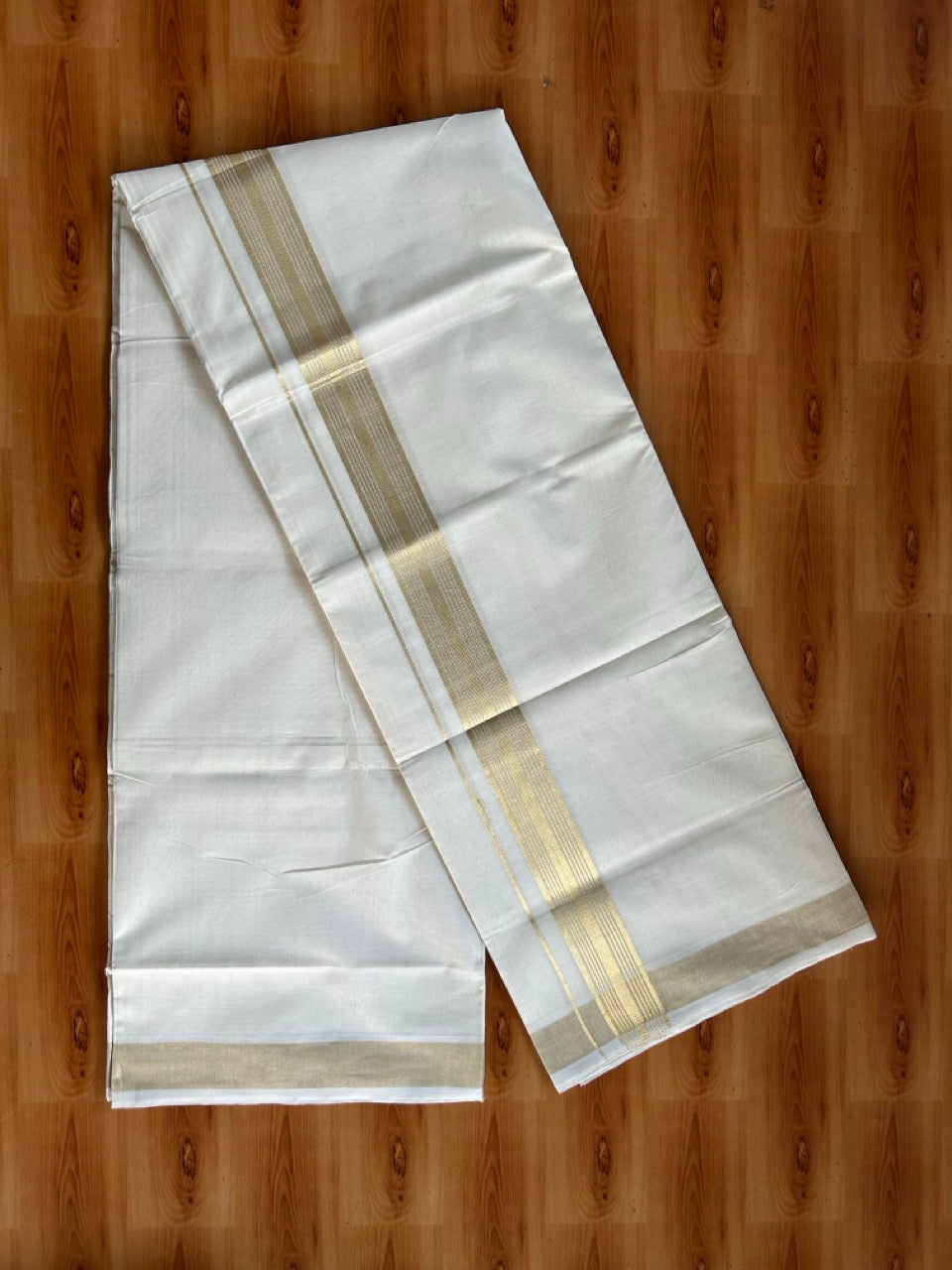 Double Off White (Unbleached) Mundu/Dothi- 25% Discount! Kaitharikada Pure Cotton - 100x80 - 1.7 inch Antique Gold Kasav Striped Kara 4 mtr (8.5 muzham) -  1 KK5555 THI