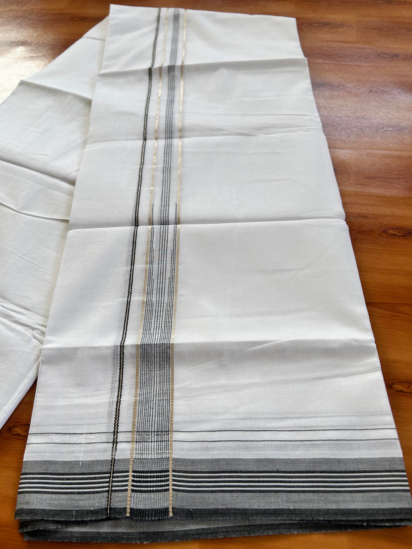 Pure white Double Mundu/Dhoti - 20% Discount! KaithariKada 100% Cotton - 100X80 - 1 inch Silver Kasav Ash Black Stripes Chutty Kara - 3.90 mtr (8.5 muzham) - 15 KK5448 VIN