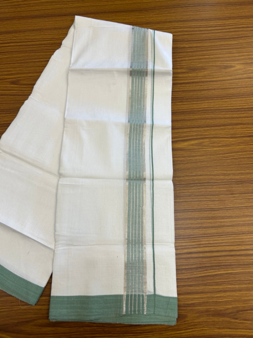 Linen Dhoti New! 20% Discount from Kaitharikada.com - Double Mundu/Dhoti 80x90 Thread Pure White - Pure Cotton + Linen - 1.75 Inch Light Green & Silver kasav Striped Kara 4 mtr (8.5 muzham) - 7 KK5299 THI