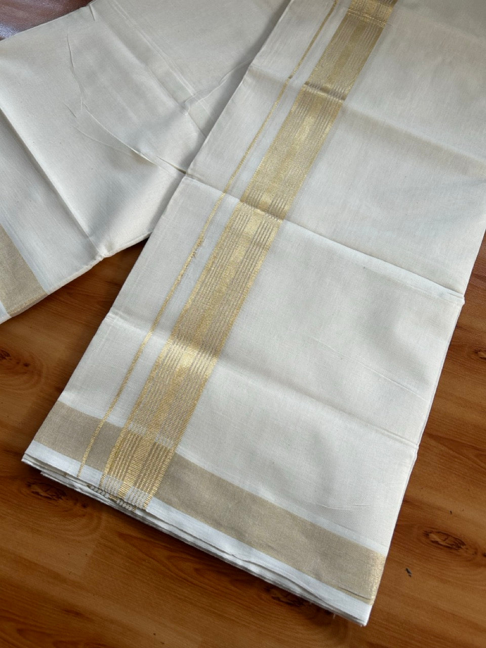 Double Off White (Unbleached) Mundu/Dothi- 25% Discount! Kaitharikada Pure Cotton - 100x80 - 1.7 inch Antique Gold Kasav Striped Kara 4 mtr (8.5 muzham) -  1 KK5555 THI