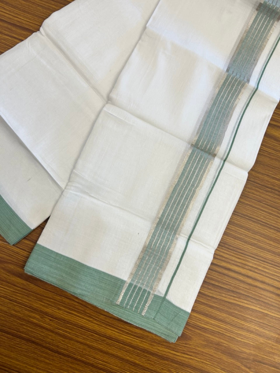 Linen Dhoti New! 20% Discount from Kaitharikada.com - Double Mundu/Dhoti 80x90 Thread Pure White - Pure Cotton + Linen - 1.75 Inch Light Green & Silver kasav Striped Kara 4 mtr (8.5 muzham) - 7 KK5299 THI