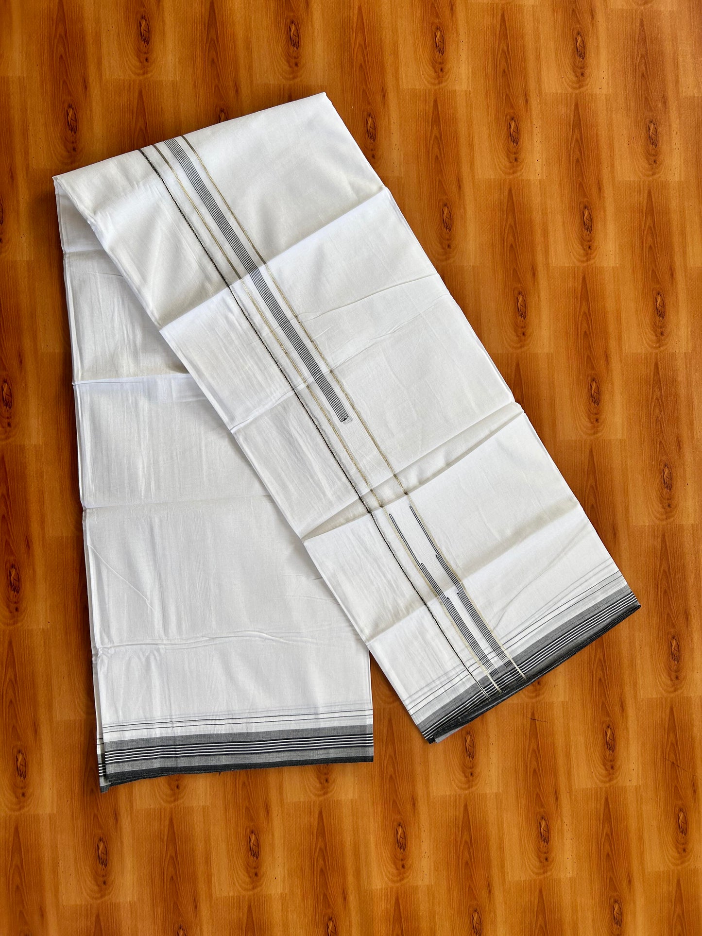 Pure white Double Mundu/Dhoti - 20% Discount! KaithariKada 100% Cotton - 100X80 - 1 inch Silver Kasav Ash Black Stripes Chutty Kara - 3.90 mtr (8.5 muzham) - 16 KK5448 VIN