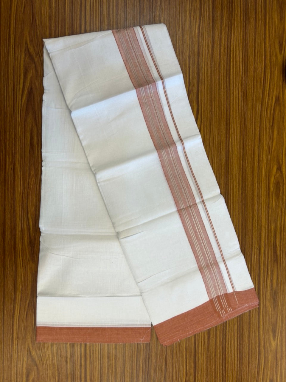Linen Dhoti New! 20% Discount from Kaitharikada.com - Double Mundu/Dhoti 80x90 Thread Pure White - Pure Cotton + Linen - 1.75 Inch Rust Orange & Silver kasav Striped Kara 4 mtr (8.5 muzham) - 5 KK5299 THI