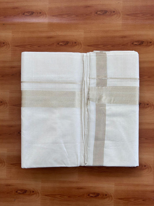 Off White (Unbleached) Double Mundu/Dhoti - 25% Discount! KaithariKada Handloom Millpaav - Kerala Handloom - 100% Pure Cotton - 80x90 - 1.5 inch Antique Light Gold Kasav striped Kara 4 Meters (8.5 Muzham) - 1 KK5512 RAM