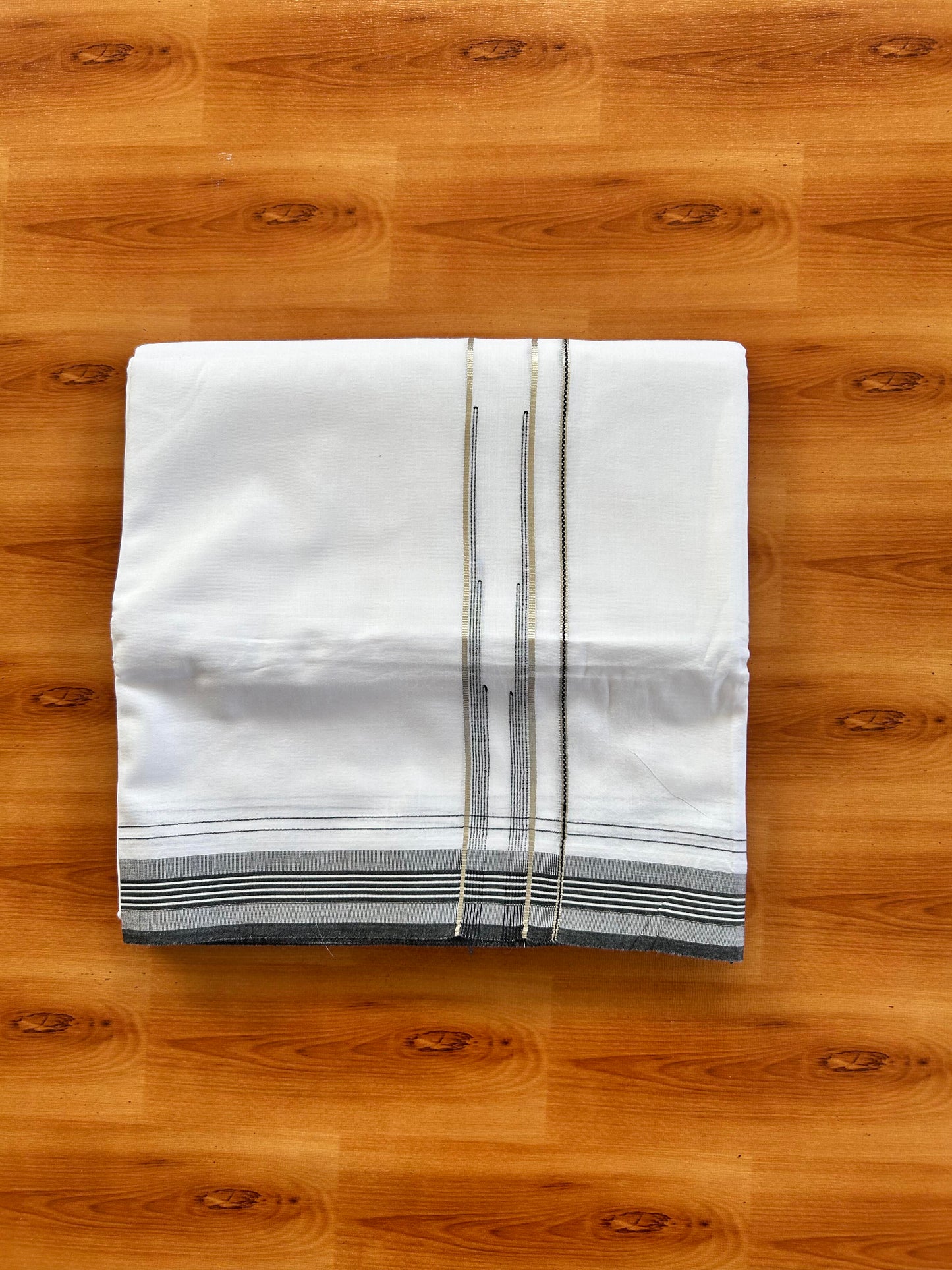 Pure white Double Mundu/Dhoti - 20% Discount! KaithariKada 100% Cotton - 100X80 - 1 inch Silver Kasav Ash Black Stripes Chutty Kara - 3.90 mtr (8.5 muzham) - 16 KK5448 VIN