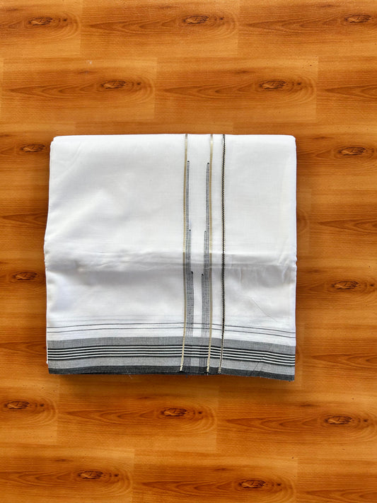 Pure white Double Mundu/Dhoti - 20% Discount! KaithariKada 100% Cotton - 100X80 - 1 inch Silver Kasav Ash Black Stripes Chutty Kara - 3.90 mtr (8.5 muzham) - 16 KK5448 VIN