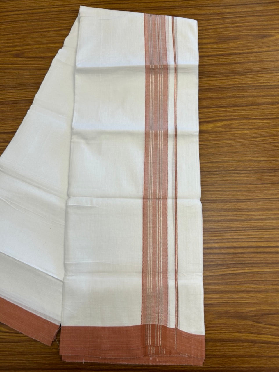 Linen Dhoti New! 20% Discount from Kaitharikada.com - Double Mundu/Dhoti 80x90 Thread Pure White - Pure Cotton + Linen - 1.75 Inch Rust Orange & Silver kasav Striped Kara 4 mtr (8.5 muzham) - 5 KK5299 THI