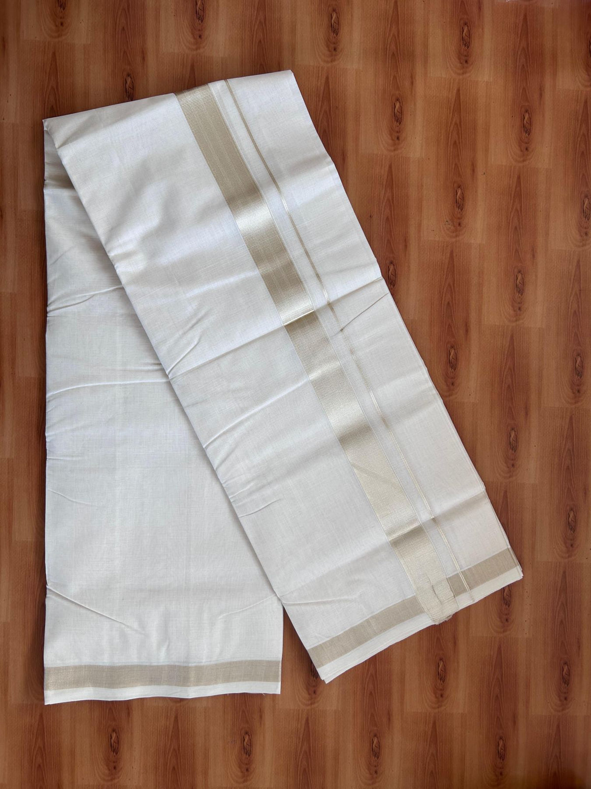 Off White (Unbleached) Double Mundu/Dhoti - 25% Discount! KaithariKada Handloom Millpaav - Kerala Handloom - 100% Pure Cotton - 80x90 - 1.5 inch Antique Light Gold Kasav striped Kara 4 Meters (8.5 Muzham) - 1 KK5512 RAM