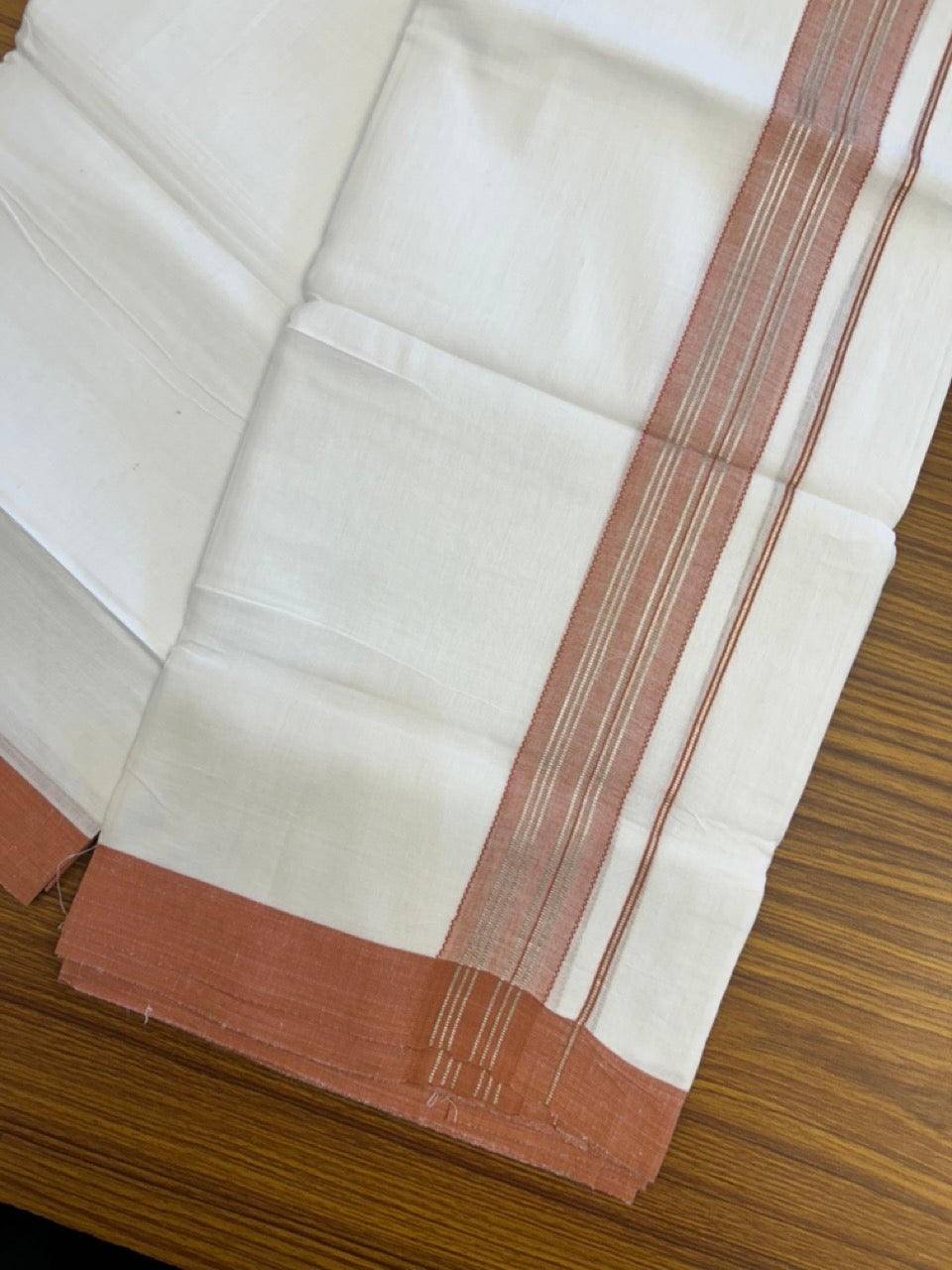 Linen Dhoti New! 20% Discount from Kaitharikada.com - Double Mundu/Dhoti 80x90 Thread Pure White - Pure Cotton + Linen - 1.75 Inch Rust Orange & Silver kasav Striped Kara 4 mtr (8.5 muzham) - 5 KK5299 THI