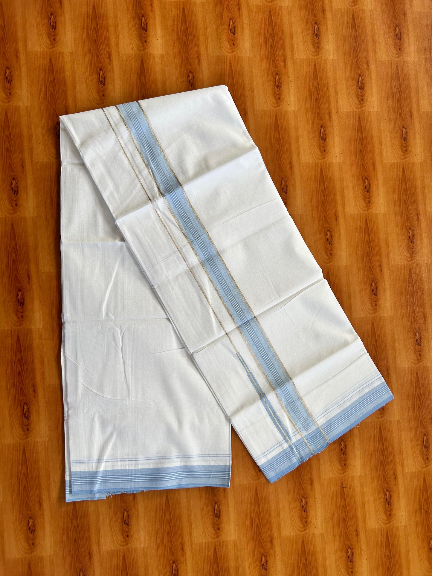 Pure white Double Mundu/Dhoti - 20% Discount! KaithariKada 100% Cotton - 100X80 - 1.25 inch Silver Kasav Light Sky Blue Shaded Stripes Chutty Kara - 3.90 mtr (8.5 muzham) - 17 KK5448 VIN