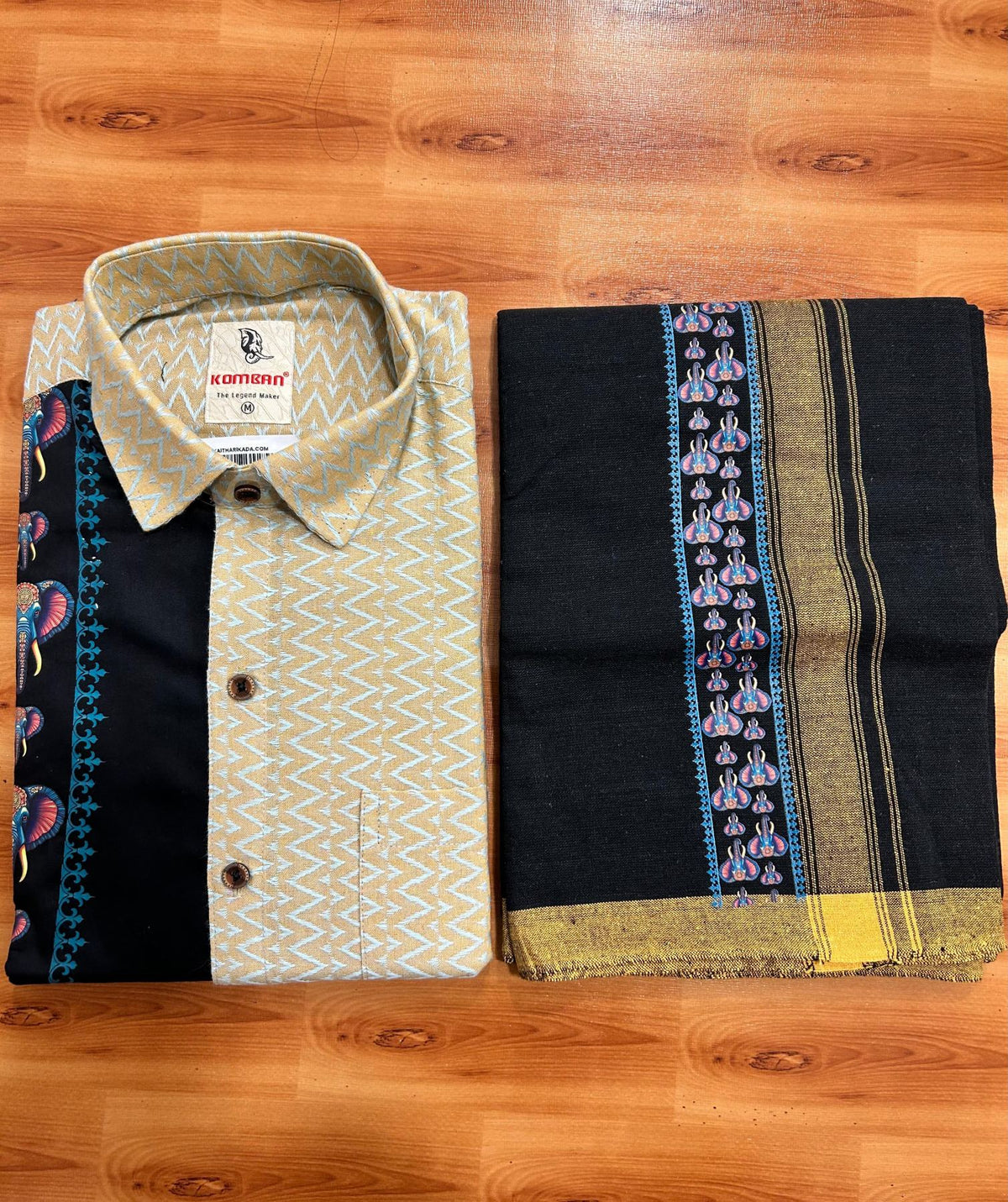 Combo Shirt Single Lungi - SIZE : M / 38 Full Sleeve - Mixed cotton - Sand Brown Turquoise Pattern 1 inch Sand Brown Kara & Printed Elephant - 2 KK7053 KUT