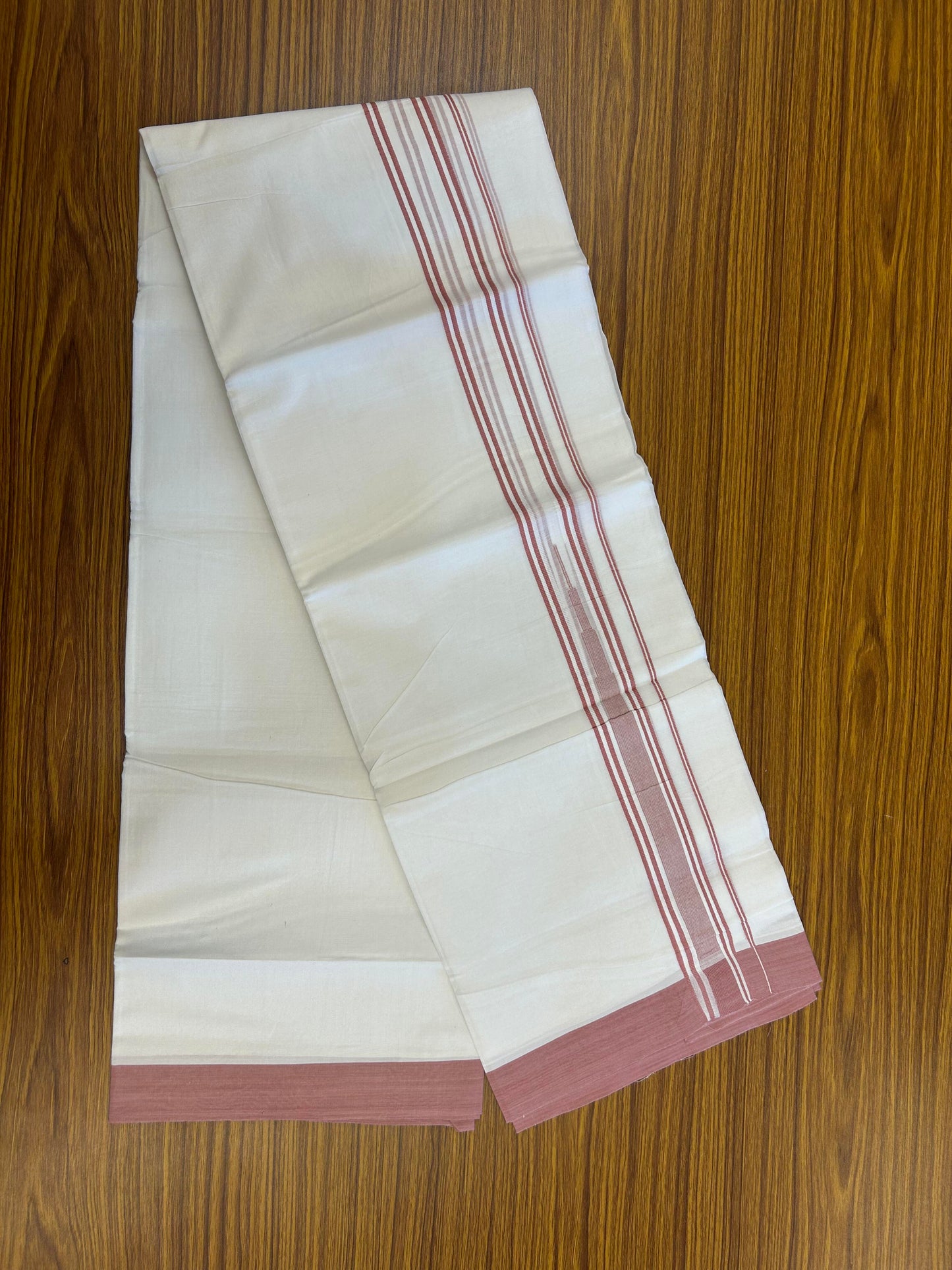 20% Discount ! Kaitharikada Balaramapuram 100% Pure Cotton Double Pure White Mundu/Dhoti - 100x80 - 1.5 inch Dusty Pink striped Temple chutty 3.90 mtr (8.5 muzham) - 101 KK5361 PMC
