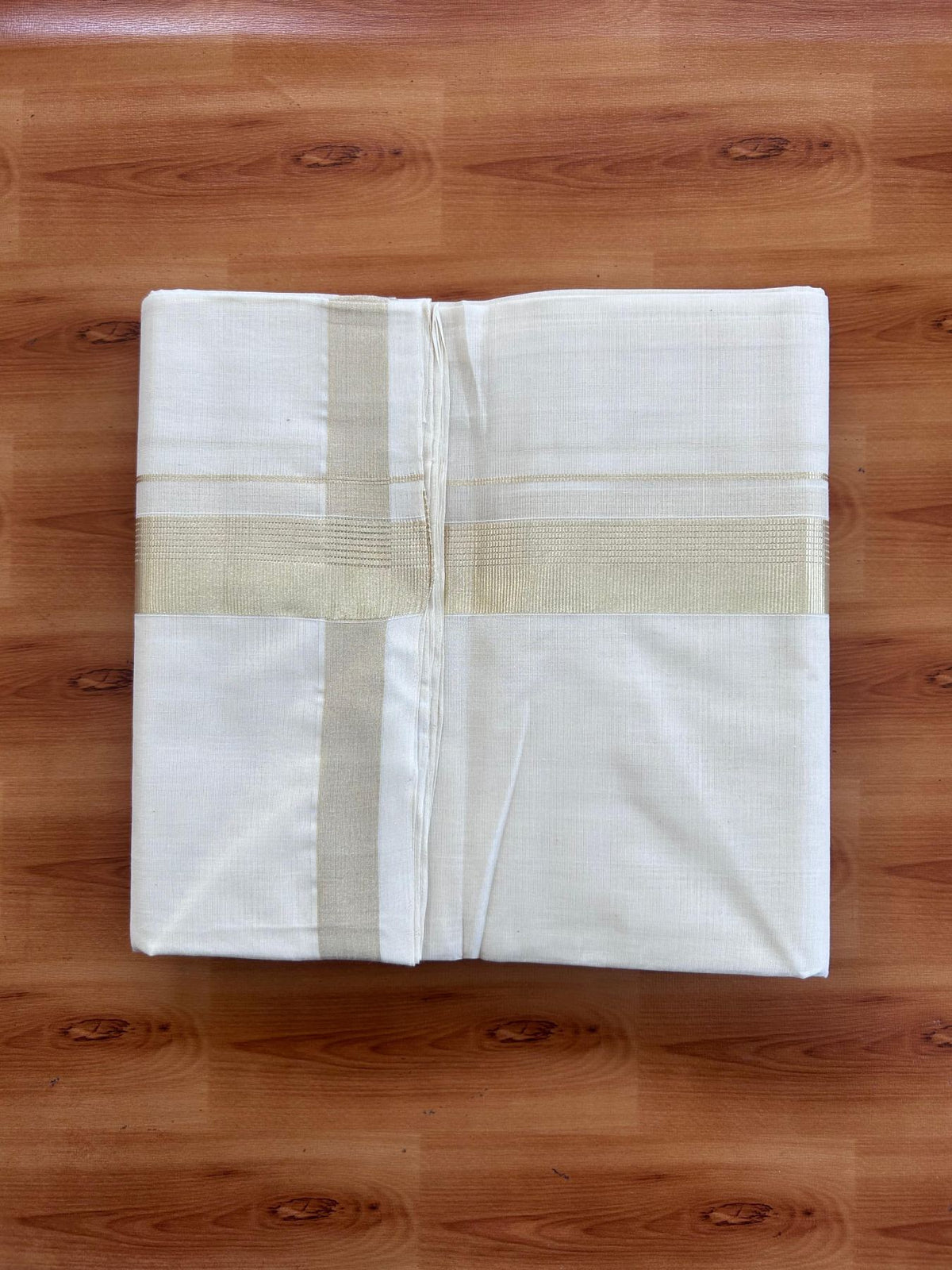 Off White (Unbleached) Double Mundu/Dhoti - 25% Discount! KaithariKada Handloom Millpaav - Kerala Handloom - 100% Pure Cotton - 80x90 - 1.5 inch Antique Light Gold Kasav striped Kara 4 Meters (8.5 Muzham) - 2 KK5512 RAM