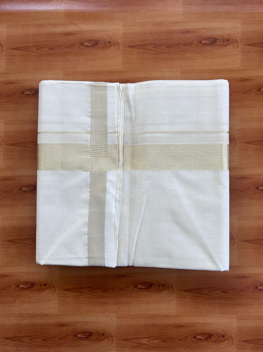 Off White (Unbleached) Double Mundu/Dhoti - 25% Discount! KaithariKada Handloom Millpaav - Kerala Handloom - 100% Pure Cotton - 80x90 - 1.5 inch Antique Light Gold Kasav striped Kara 4 Meters (8.5 Muzham) - 2 KK5512 RAM