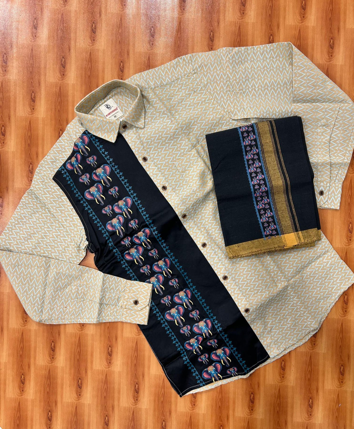 Combo Shirt Single Lungi - SIZE : M / 38 Full Sleeve - Mixed cotton - Sand Brown Turquoise Pattern 1 inch Sand Brown Kara & Printed Elephant - 2 KK7053 KUT